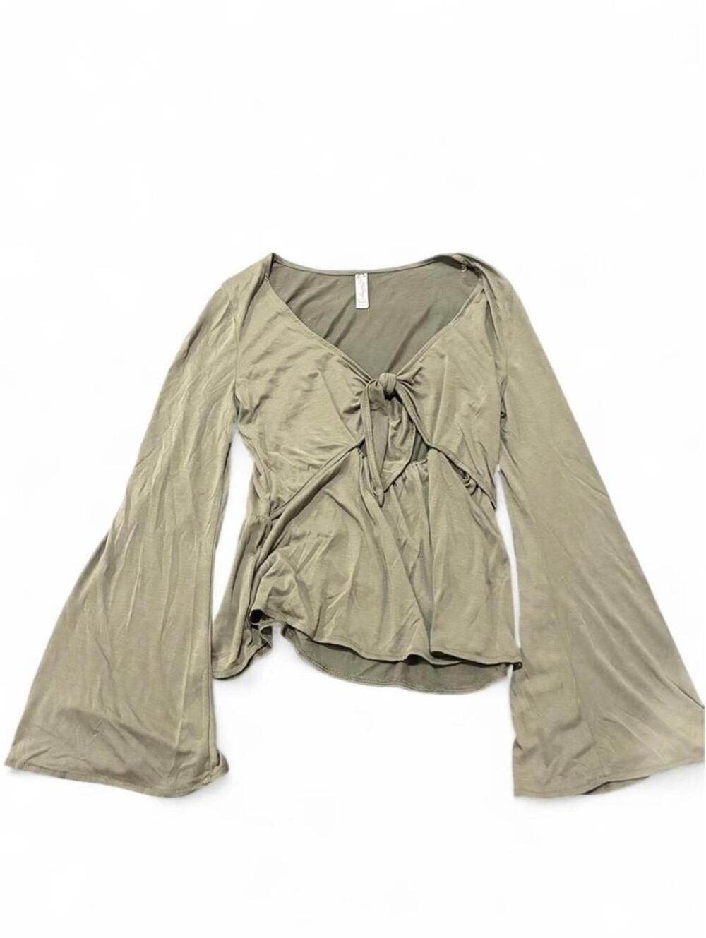 American Rag Olive Green Long Sleeve Top with Bell Sleeves and Tie Front Detail